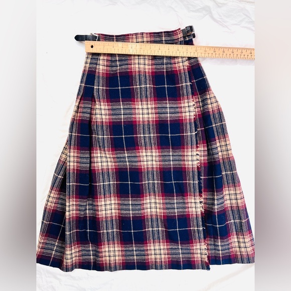 True vintage maroon burgundy navy blue cream wool midi kilt skirt - Picture 6 of 8